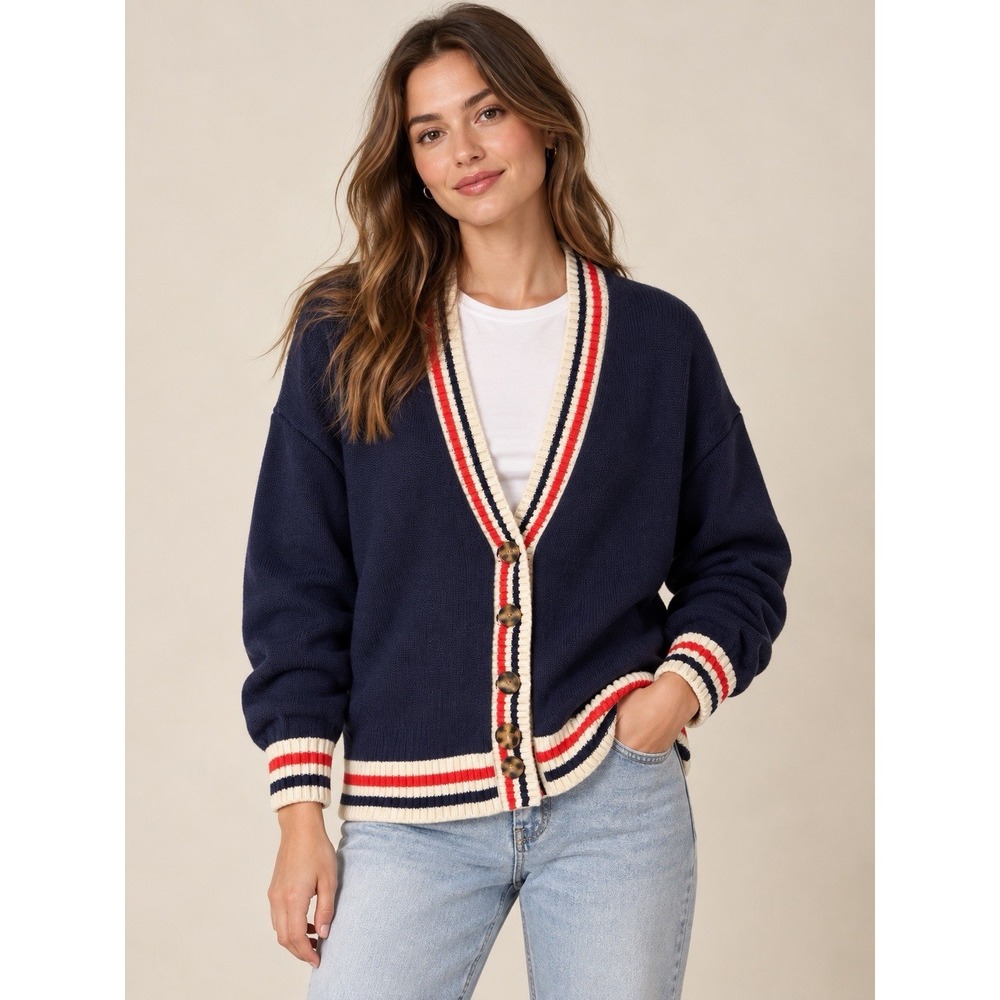Gap Navy Cotton Varsity Cardigan Women S Red Cream Stripe Button Preppy Sweater